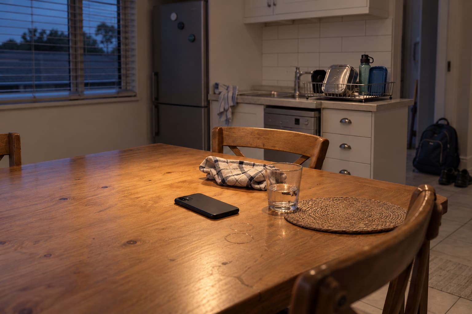A kitchen table after supper, a phone face down and a school bag packed by the door